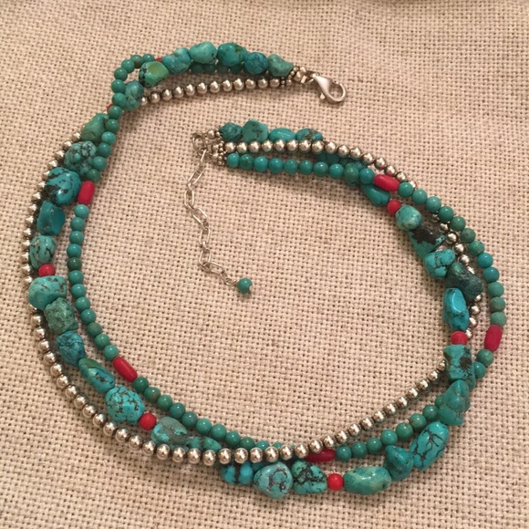 Sterling Silver Jewelry - 3 Strand Sterling Silver Turquoise Beaded Necklace